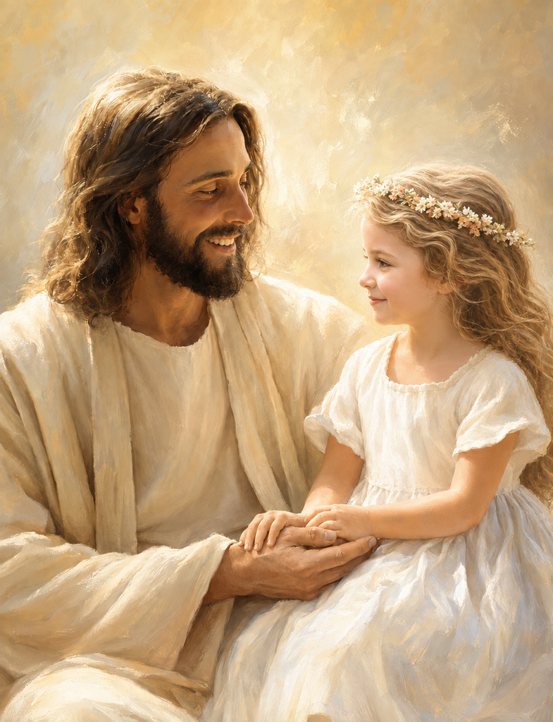 Painting of Jesus holding the hands of a young girl
