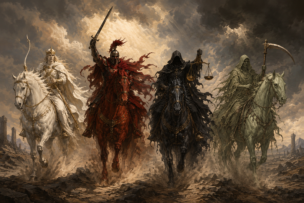 Illustration of the four horsemen riding through smoke