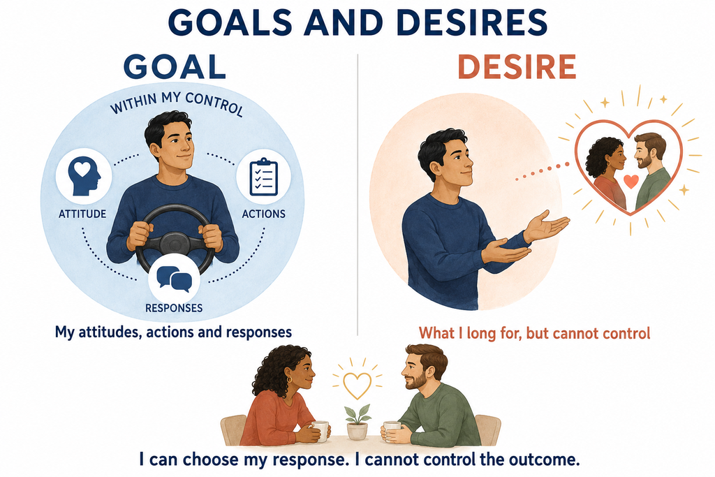Infographic: goals versus desires, I can choose my response but cannot control the outcome