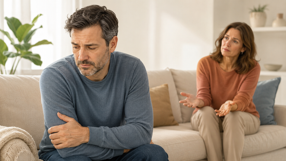 Couple sitting apart on a sofa after a disagreement